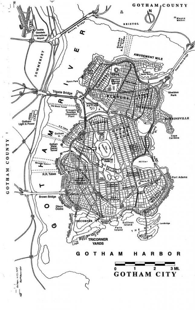 Map of DC Comic's Gotham City Home of Batman and Arkham Asylum