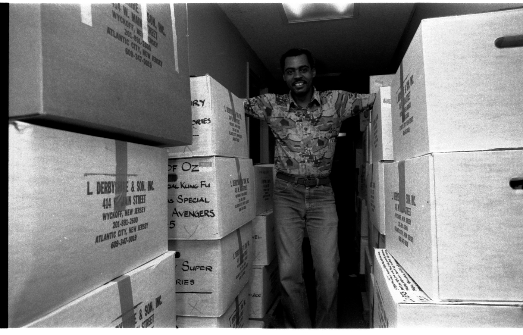 Hard to believe, but the Wack-Off Games were the last Hurrah! of the 57th St. offices of Marvel. Held on a Friday, that weekend was Moving Day down to 387 Park Ave South! Here is Mailroom Specialist, Cliff, who was responsible for "stripping film flats" and storing them, surrounded by boxes filled with film.