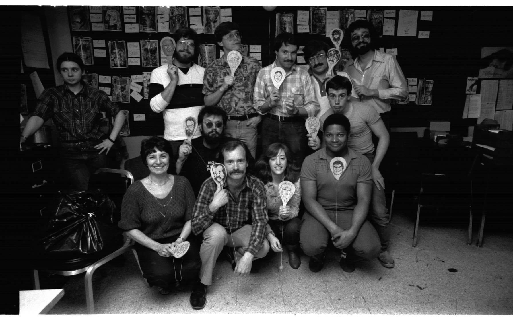 The All-Winners Squad! The Only Annual Wack-Offs comes to a thrilling close. No one knows who that Intern is at extreme Left, sorry. Back row: Ron Zalme, Mike Carlin, Joe Albelo, Tom DeFalco, Jim Salicrup. Middle-ish row: Rick Parker and Jack Morelli. Bottom row: Virginia Romita, Mark Gruenwald, Linda Florio and Lance Tooks. Congratulations all!