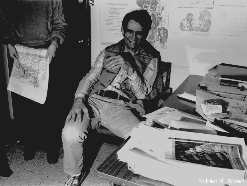 One of the rare times Herb came into the office! Sometime in 1981. Herb was in on a plot consult, the two figures to image left are Doug Moench and Louise Simonson. Herb had a big and easy laugh.