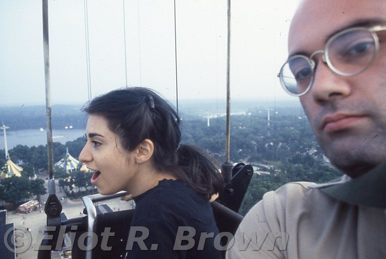 Then-Assistant Editrix, now legendary creator/writer Annie Nocenti and me. We were up in the “Parachute Tower.” At the last second, Gru arranged for me to ride with Annie—giving me his usual barely-concealed pointed finger as a sign he was trying to get us together. Sweet guy. As usual, I had no idea what to do to do or say in order to further that prospect, so I took a proto-selfie. Which was really hard with an old film camera… because of the motor-drive handle, I was holding it upside-down.