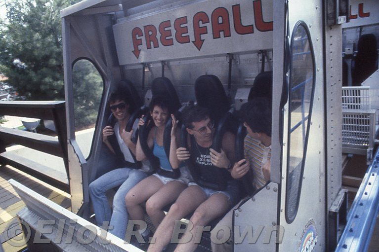 FreeFall was brand new back then. Now of course, modern thrill drops are a mile tall and the deceleration will remove fillings. Back then, this 15sec zero-g ride was fun. Assistant Editor Bob Harris, f Lisa Hachedoorian, Jack Morelli and film star Ralph Macchio. (Okay, just a Marvel Comics Editor!) Shown about to take the plunge!