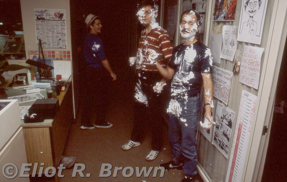 When’s a good time for a pie fight in a comic book factory? Any time! (In this case October, 1983!) That shadowy figure is Jack Morelli, who in another frame was busy applying shaving cream to that editorial team supreme, Mike & Mark!