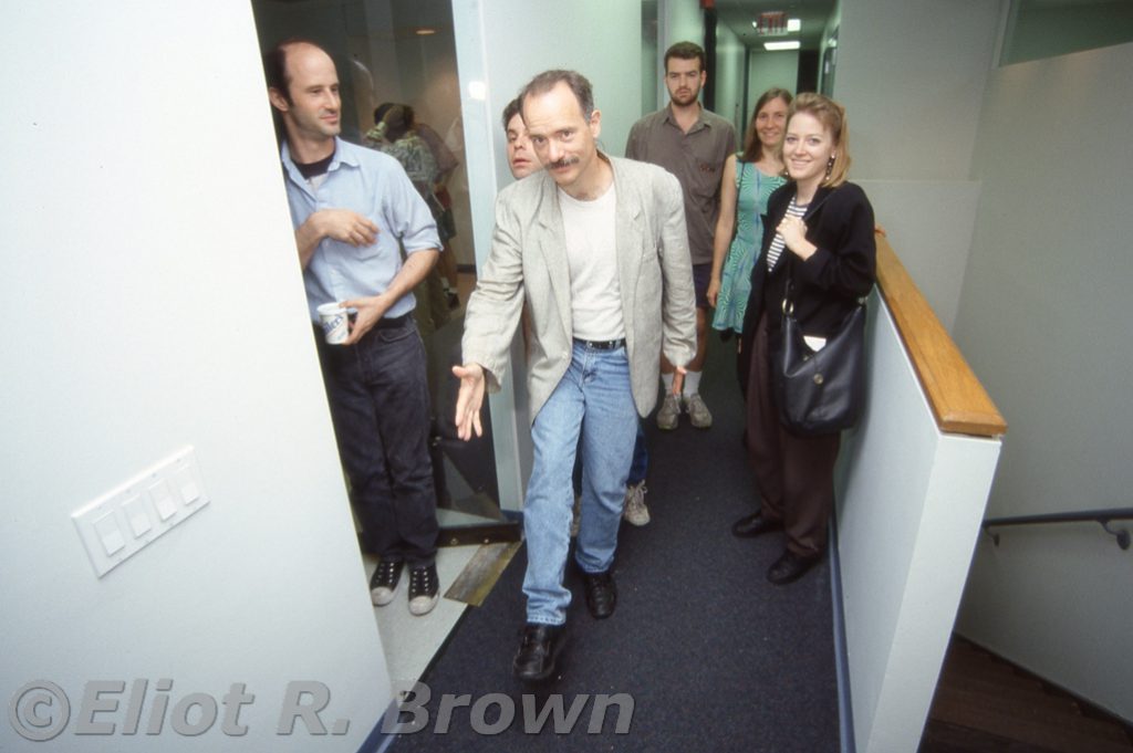 One of my favorite natural shots of the office. Mark Gru leading the lunch pack to the elevators. Steve Alexandrov, Production Bullpenner holds the door, behind Gru's head, Dave Wohl invents "Photo Bombing" years before anyone knows its potential, Assistant Rob Tokar, Editrix Marie Javins and Assistant Editrix Paula Foye round out the Lunch Counter Encounter!
