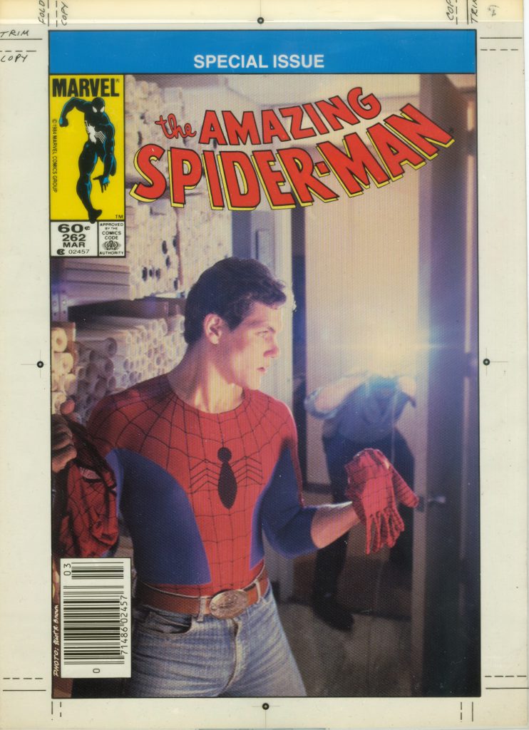 Cover of Amazing #262—featuring Scott Leva as your favorite neighborhood Spider-Man and me– your favorite neighborhood nuisance! There’s much more to be said about this cover, which will be done elsewhere! In the meantime this is the only 3M I have (I think…). I took that picture and was given the 3M!