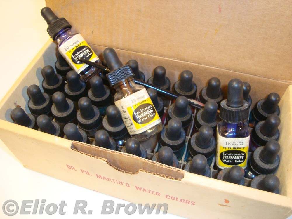 Dr. PH Martin’s watercolor dyes—Two approaches: one was to take off the dropper and put it aside, dipping your brush right into the bottle. The other was to use a mixing palette, either ceramic or plastic. Just drip right in one of those to make your 25% and 50% values of pure colors. The ultimate colorists’ secret? It can now be revealed… TWO jars of water! One to start the brush on its way to being clean and the second to make it very clean and ready to drip water into the palettes!