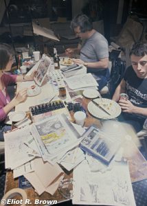 Astonishingly talented Colorist and Fine Arts Painter Christie “Max” Scheele, “Terrible” “Two-Fisted” Tom DeFalco who by now needs no further honorifics, doing what he does best: polishing a hotel plate, lastly a pensive Letterer Extraordinaire Jack “Squid” Morelli contemplates the infinite before him.