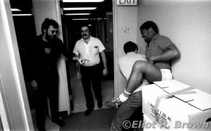 L-R: Rick Parker, Barry, Jack Morelli and Lance Tooks. I believe Barry waded in and yanked those two apart. Barry was an experienced family man, used to settling arguments that went a little “too far.”