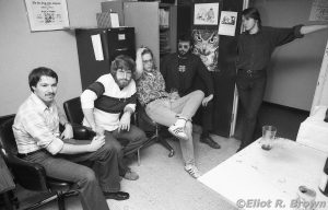 L-R: Paste-Up Artist Joe Albelo, Cover Production Ron Zalme, Assistant Editor Mike Carlin, Lettering Correction Artist Rick Parker, Art Correction Artist Bob Camp.